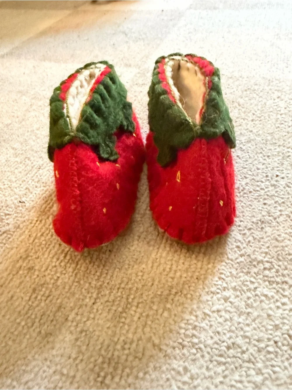 Kids Strawberry Knit Slippers in Red with Green Trim